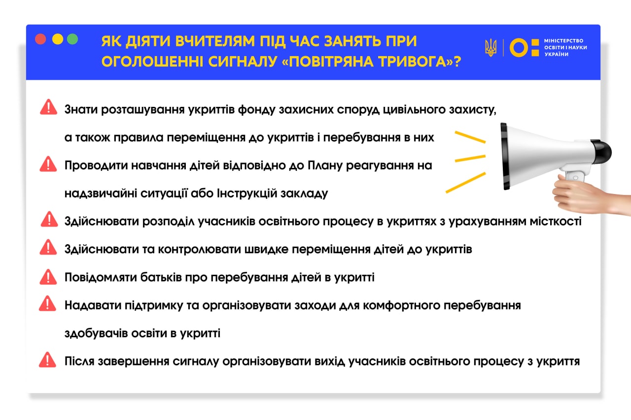 Повітряна тривога під час уроку: МОН запропонував порядок дій для вчителів
